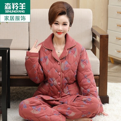 女士睡衣冬季三层加厚中老年人保暖家居服纯棉夹棉妈妈胖mm可外穿