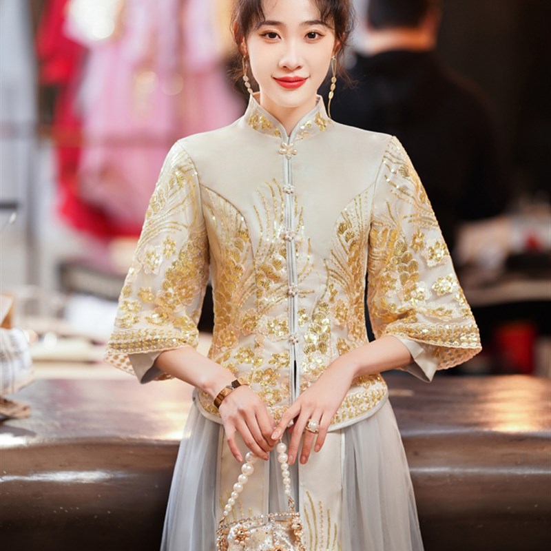 中式伴娘服2021秋冬新款伴娘团婚礼长裙闺蜜姐妹团礼服长袖秀禾服