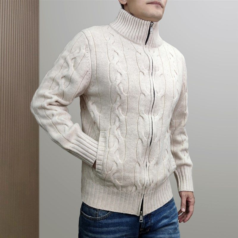 纯羊毛厚毛衣半高领美式秋冬男修身休闲暖外套粗针织麻花拉链开衫