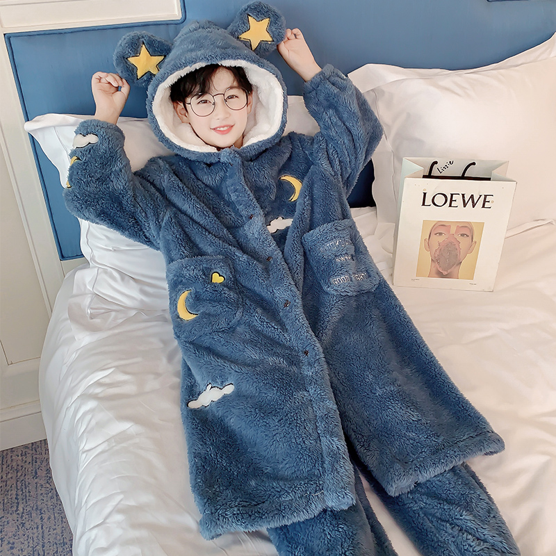 儿童珊瑚绒睡衣秋冬季小孩男童睡袍加厚款法兰绒藏浴袍家居服套装