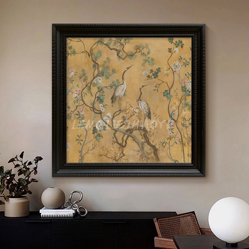 法式中古风手绘油画复古花鸟动物客厅餐厅装饰画吉祥仙鹤玄关挂画图片