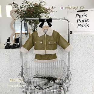 女童加厚加绒皮夹克外套休闲套装2023冬装新款女宝宝短裙两件套潮