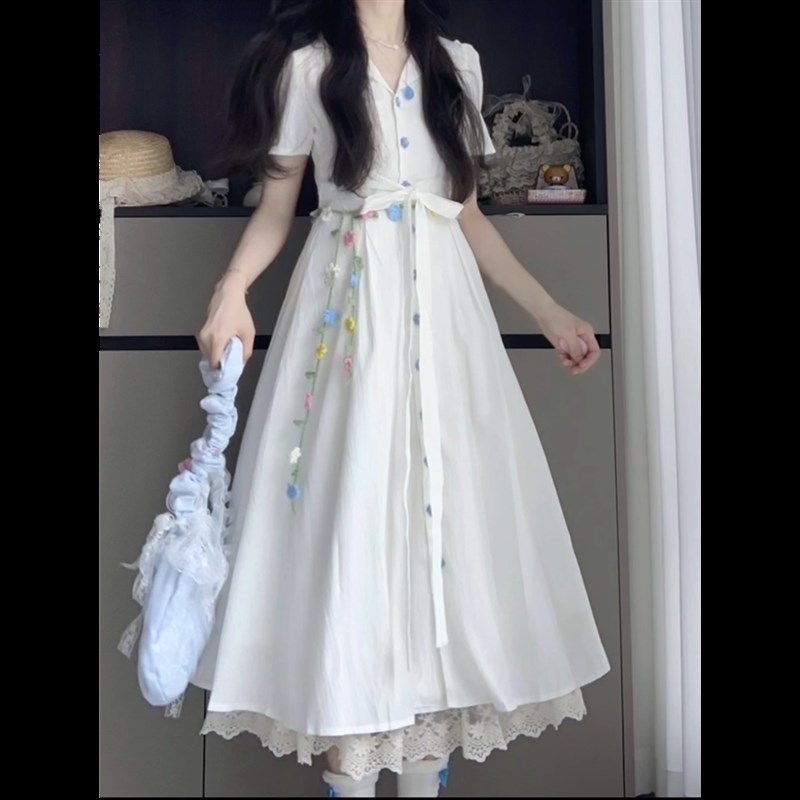 小众独特复古初恋白月光清新收腰绑带衬衫夏季文艺少女休闲连衣裙