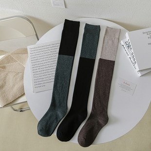 秋冬天长筒袜女过膝袜街头黑色小腿袜jk袜子女中高筒袜双色拼接袜