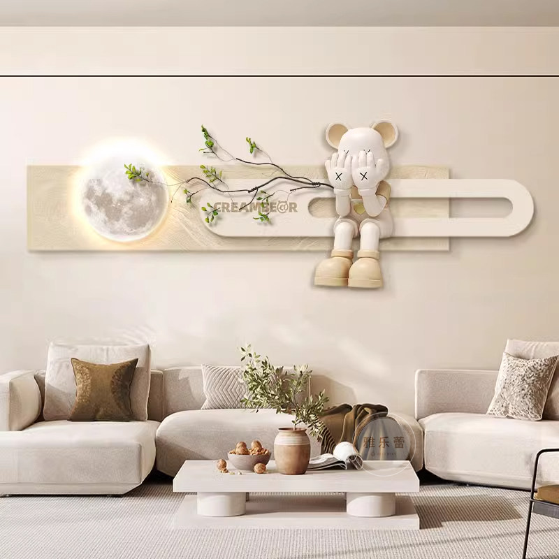 暴力熊客厅装饰画时钟表奶油风沙发背景墙挂画高档大气砂岩壁画灯