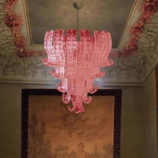 法式粉色玻璃吊灯别墅楼梯挑空灯中古新款餐厅灯穆拉诺玻璃吊灯