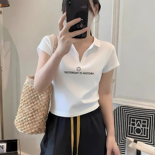 显瘦独特别致短款 白色正肩短袖 polo领修身 t恤女2025夏季 上衣 新款