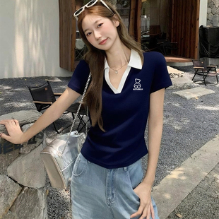 显瘦翻领拼色短款 夏季 小众修身 藏蓝色Polo领短袖 上衣潮 T恤女新款