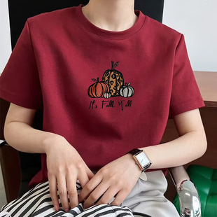 春秋冬季 正肩纯棉磨毛短袖 打底衫 t恤女2025时尚 百搭红色上衣厚款