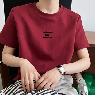 正肩纯棉磨毛短袖 t恤女时尚 百搭洋气红色上衣加厚打底衫 春秋冬季