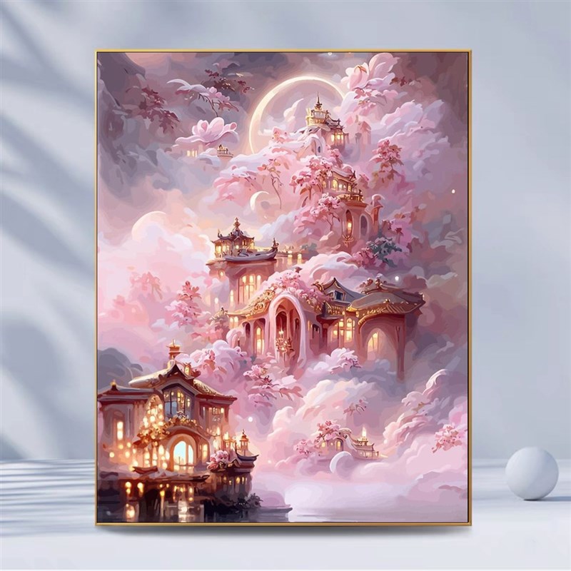 西贝家玫瑰城堡数字油画diy材料治愈风景手绘填遮电表油彩装饰画