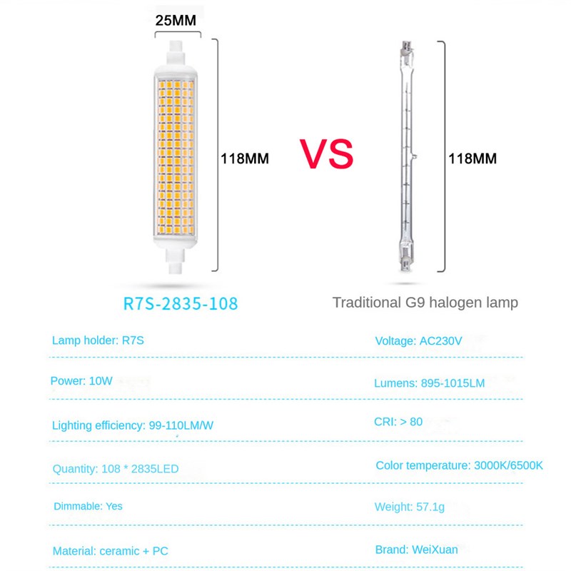 LED W高亮118MM无屏闪R7S玻璃陶瓷灯管端灯替换卤素灯管