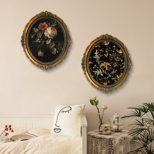 百蝶图法式中古风玄关挂画复古椭圆形背景墙壁画卧室高级感装饰画
