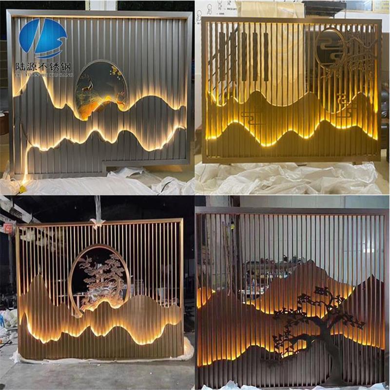 定制不锈钢屏风假山隔断玄关别墅户外庭院酒店镂空轻奢山水背景墙