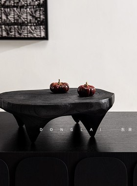 侘寂风碳化木托盘中古风法式圆形茶盘小茶台果盘飘窗边几装饰摆件