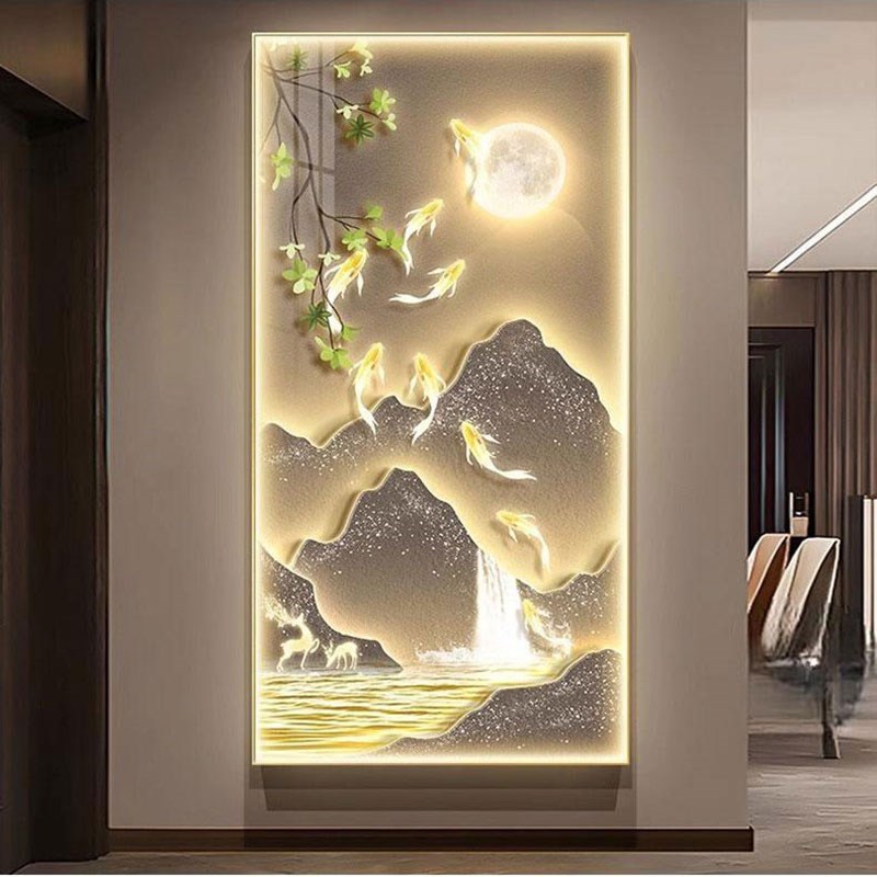 灯画九鱼图走廊玄关装饰画轻奢高级感ledI带灯正对门挂画2024新款