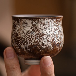 老陶泥繁花鎏银大肚杯家用陶瓷功夫茶具茶杯品茗杯小号主人杯杯