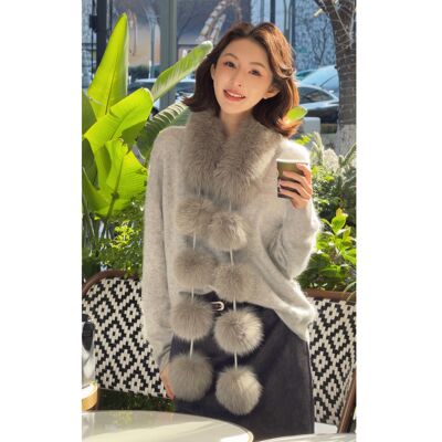 Rowan 丨重磅羊毛羊绒混纺长袖V领秋冬毛衣针织上衣ICTZX4430