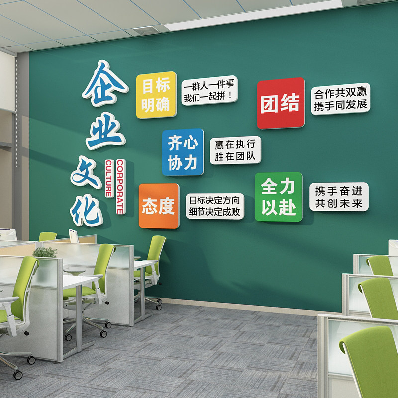 企业文化办公室墙面装饰公司会议室激励志标语贴纸布置背景设计