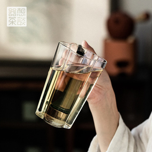 器想茶谈玻璃绿茶杯海棠杯泡茶水杯耐热花茶女士带把加厚家用茶具