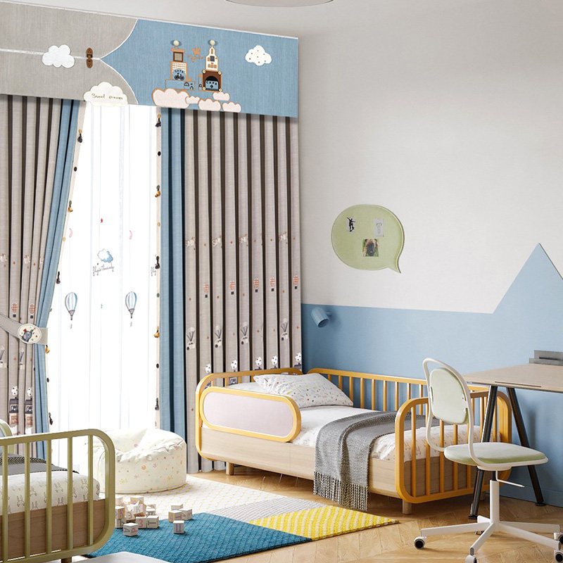 2022年新款儿童房男孩遮光卧室飘窗刺绣高档灰色定制窗帘异想空间