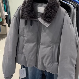 拉链外套潮 灰色毛领夹克派克服女高级感气质保暖短款 2025冬季 新款