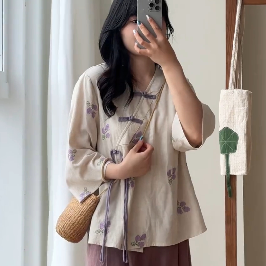 夏新中式国风紫色复古防晒衬衫女