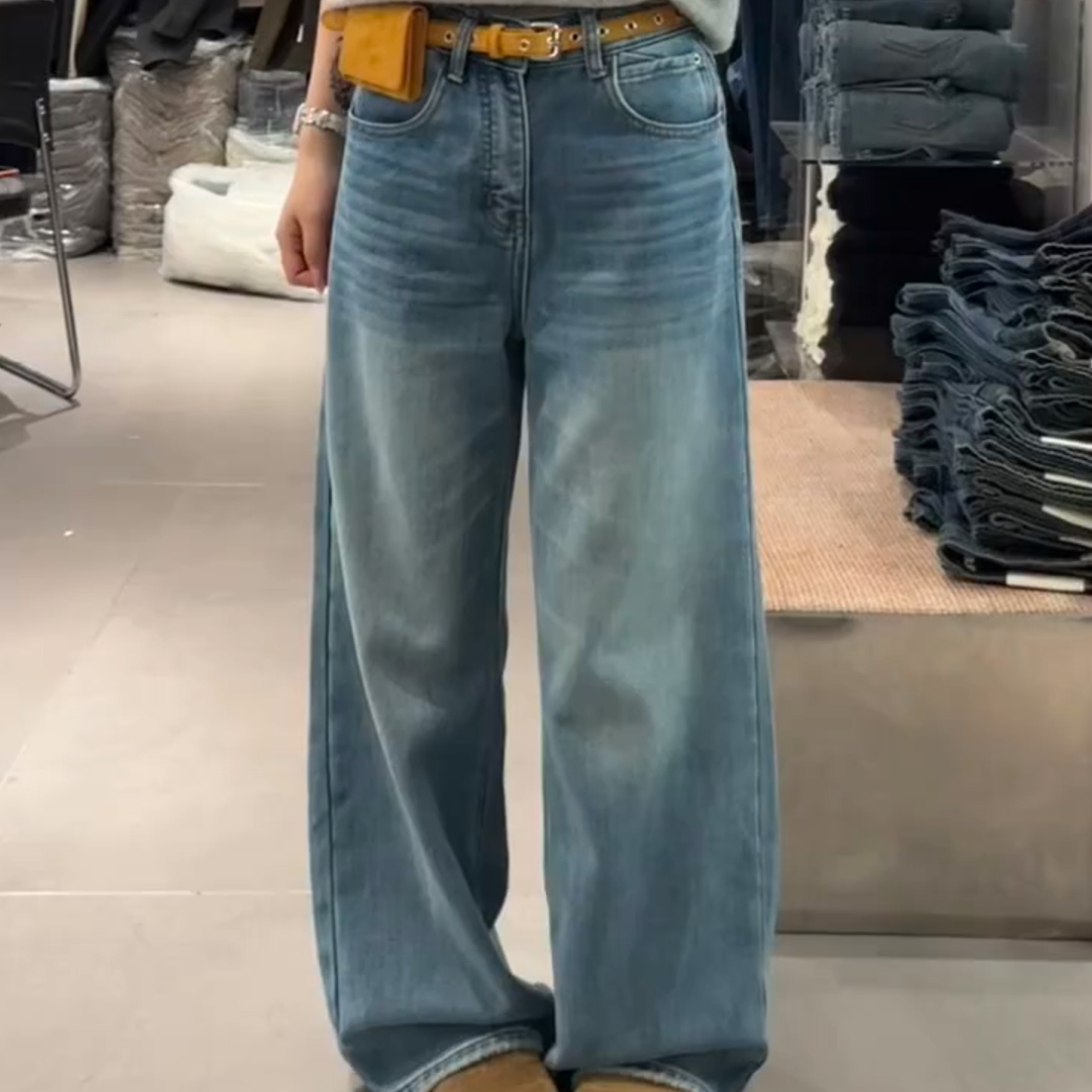 高级感时尚蓝色高腰显瘦阔腿裤女