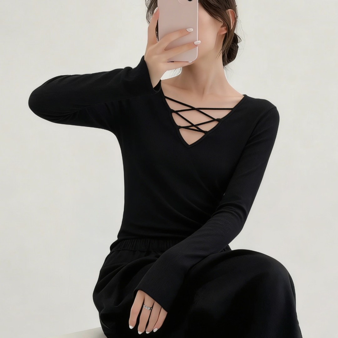 法式气质设计感黑色绑带长袖T恤春季新款修身显瘦女士内搭打底衫,女装/女士精品,大码内搭,淘宝优惠券,粉丝福利购,淘宝优惠卷