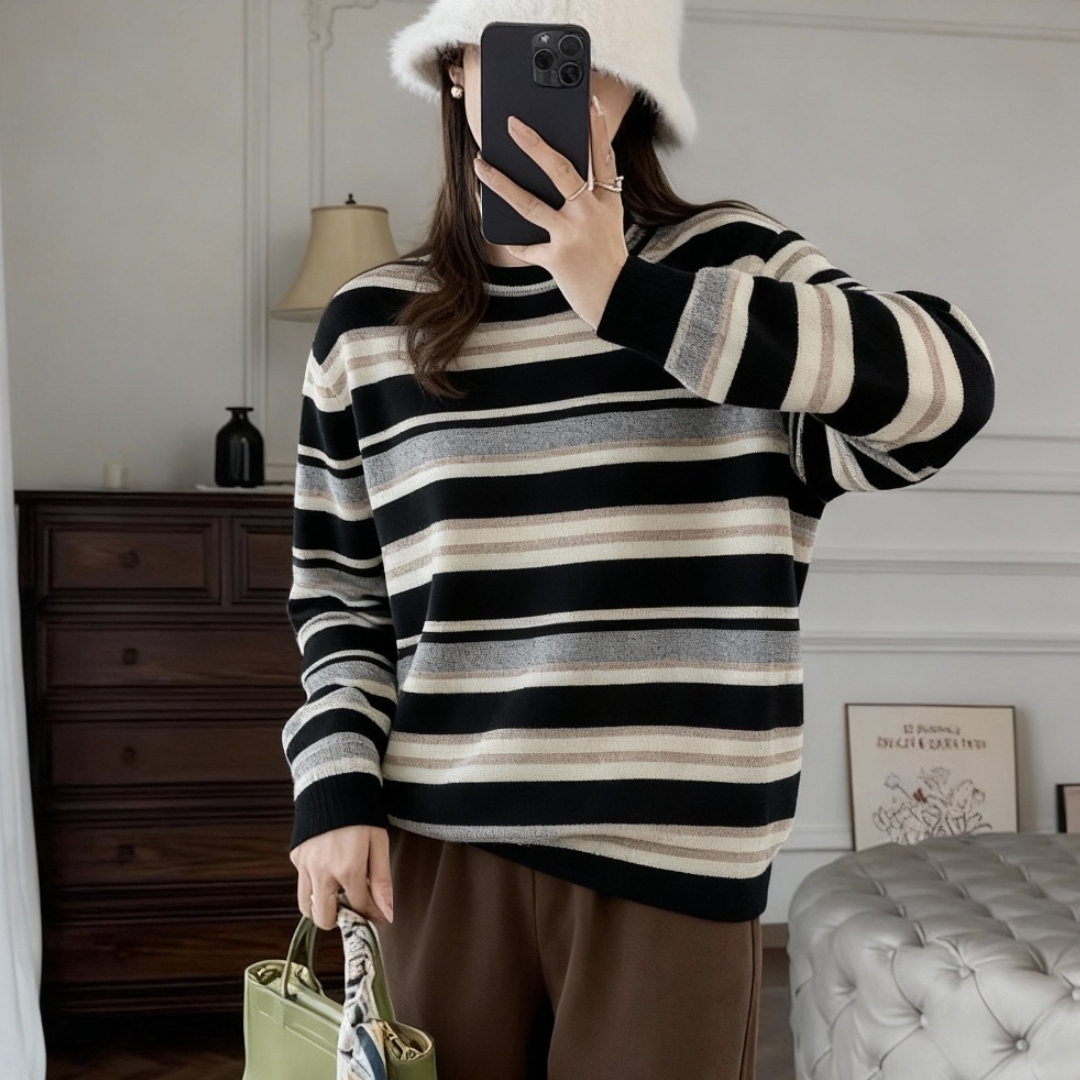 秋冬复古撞色条纹针织衫显瘦