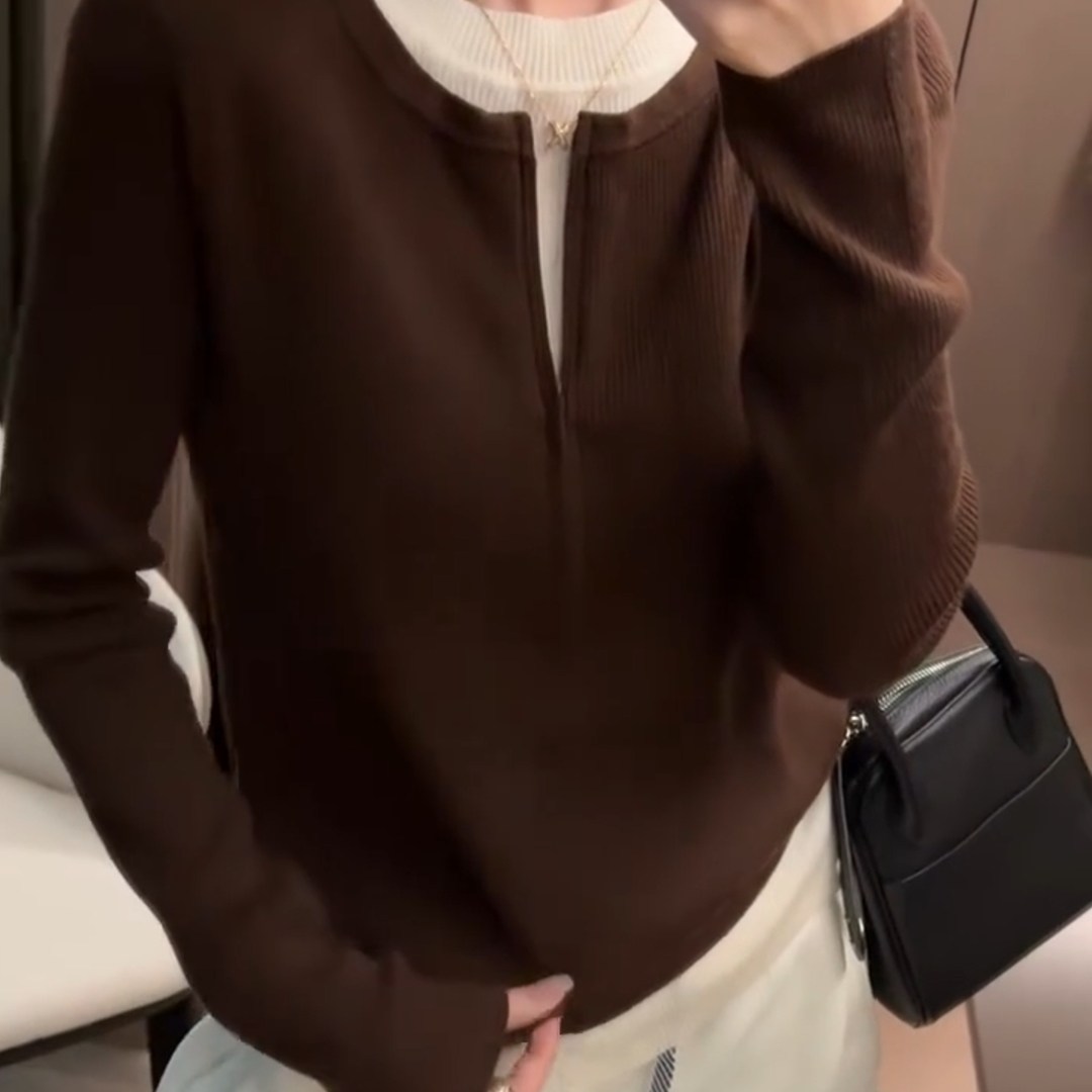 秋冬韩系假两件咖色显瘦针织衫女