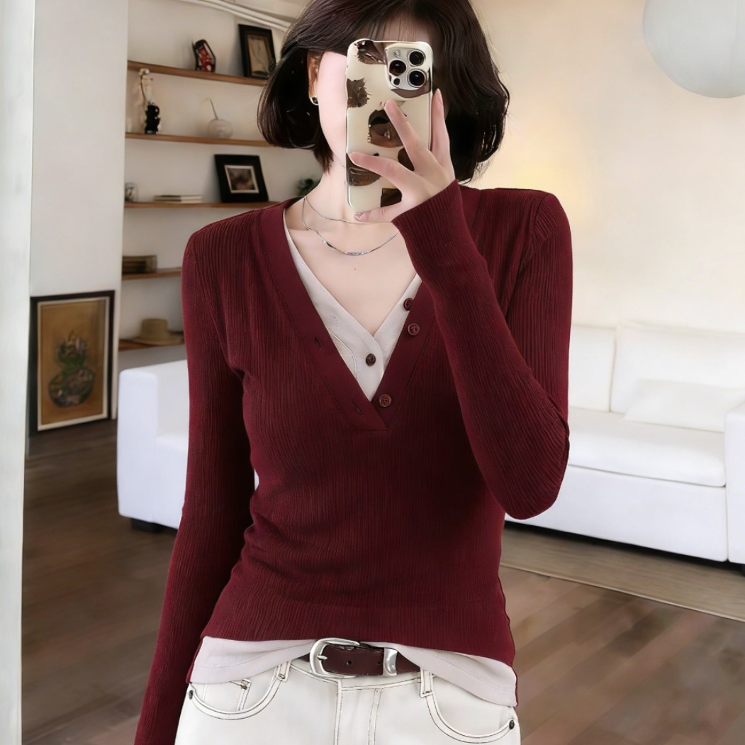 红色V领假两件长袖针织打底衫设计感春季新款小众别致内搭上衣女,女装/女士精品,大码内搭,淘宝优惠券,粉丝福利购,淘宝优惠卷