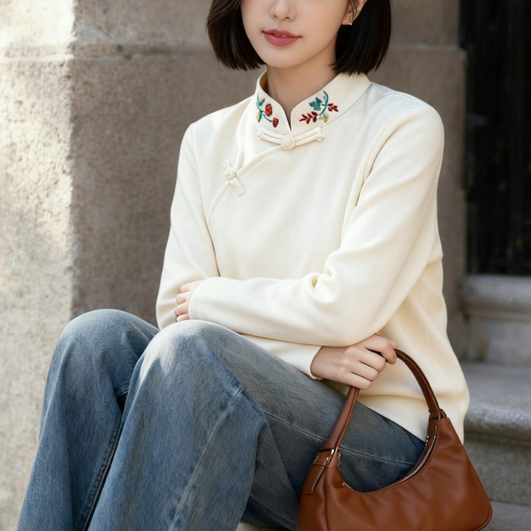 国风刺绣盘扣复古小个子打底衫女