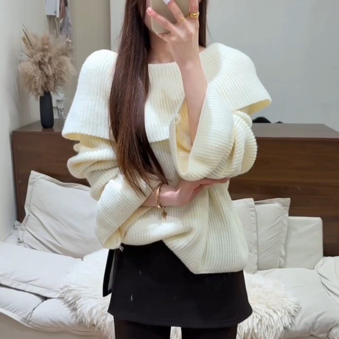 慵懒风设计感荷叶边针织上衣2026新款独特漂亮纯色软糯显瘦毛衣女,女装/女士精品,大码内搭,淘宝优惠券,粉丝福利购,淘宝优惠卷
