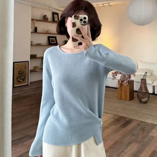 少女感蓝色针织上衣女 新款 韩系简约别致设计感打底针织衫 2026春季