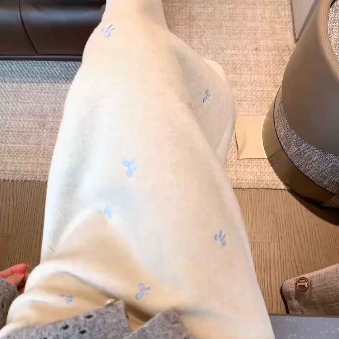 法式蝴蝶结刺绣毛呢高腰半身裙女