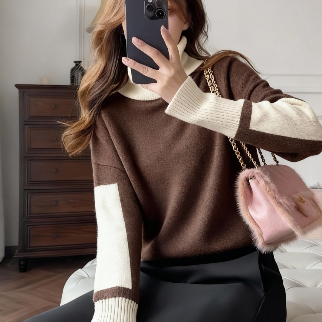 秋冬慵懒风撞色软糯宽松针织毛衣