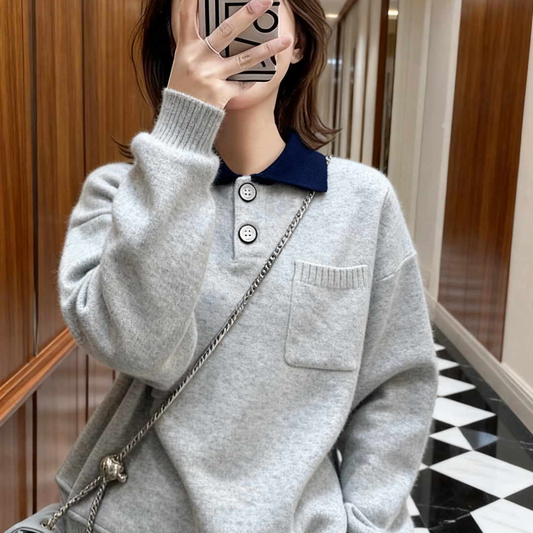 复古慵懒风撞色宽松小个子上衣冬