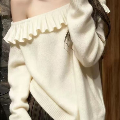 法式一字肩荷叶边小众长袖针织衫
