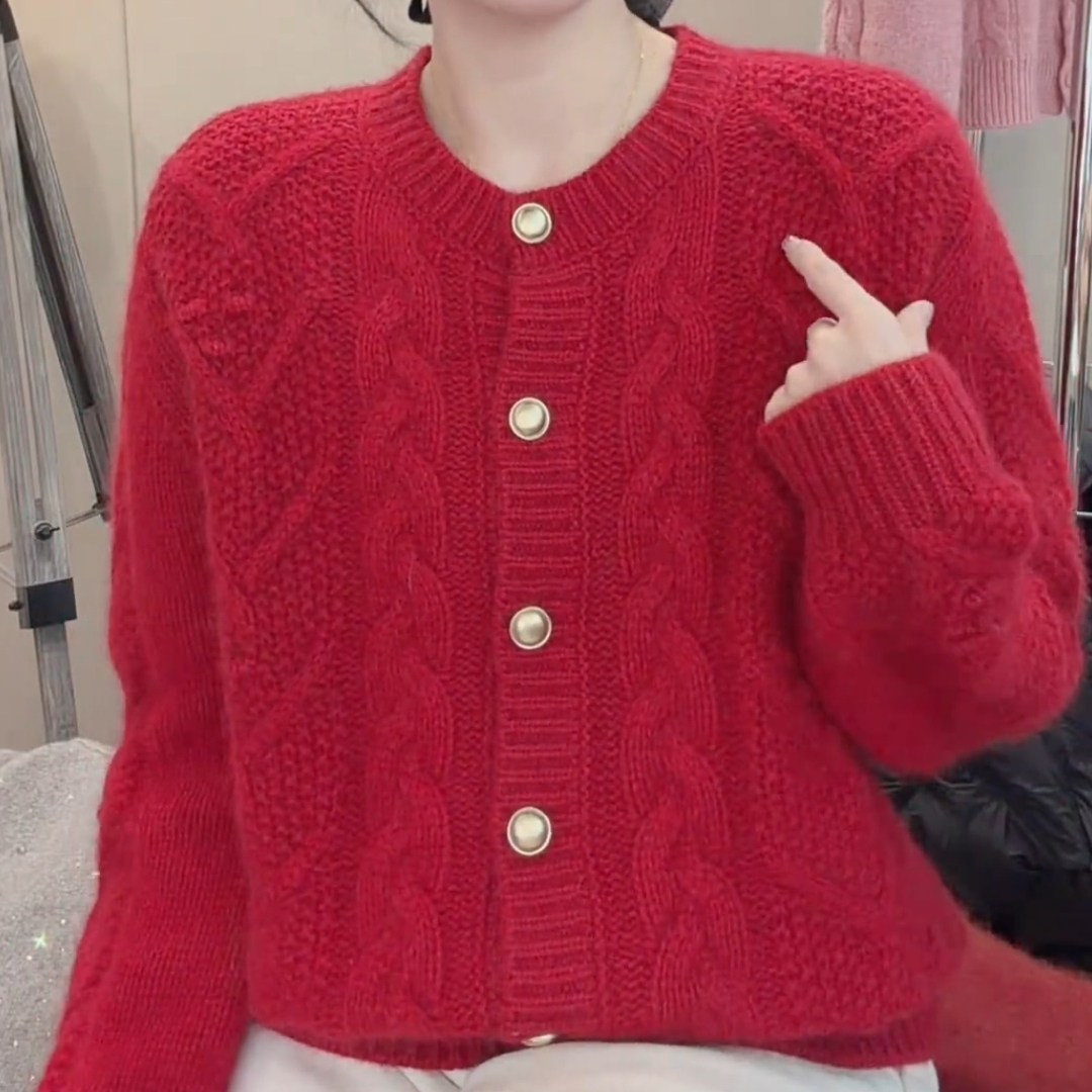 新年氛围感红色麻花针织衫女2025秋冬新款复古高级感加厚短款毛衣,女装/女士精品,大码内搭,淘宝优惠券,粉丝福利购,淘宝优惠卷