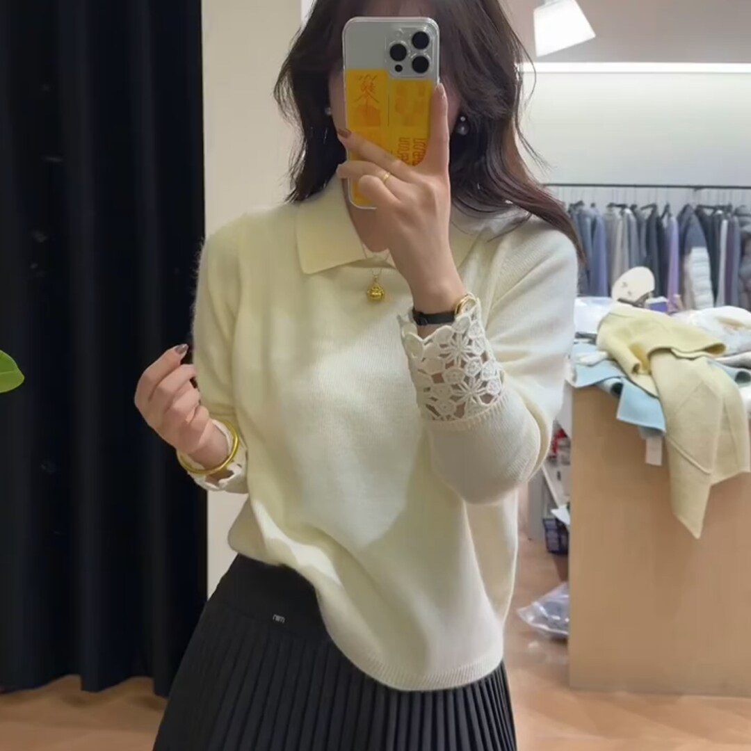 欧货高端翻领蕾丝大码针织上衣女