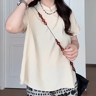 夏季新款时尚简约优雅通勤女士上衣国风清冷感纯色气质微胖T恤潮