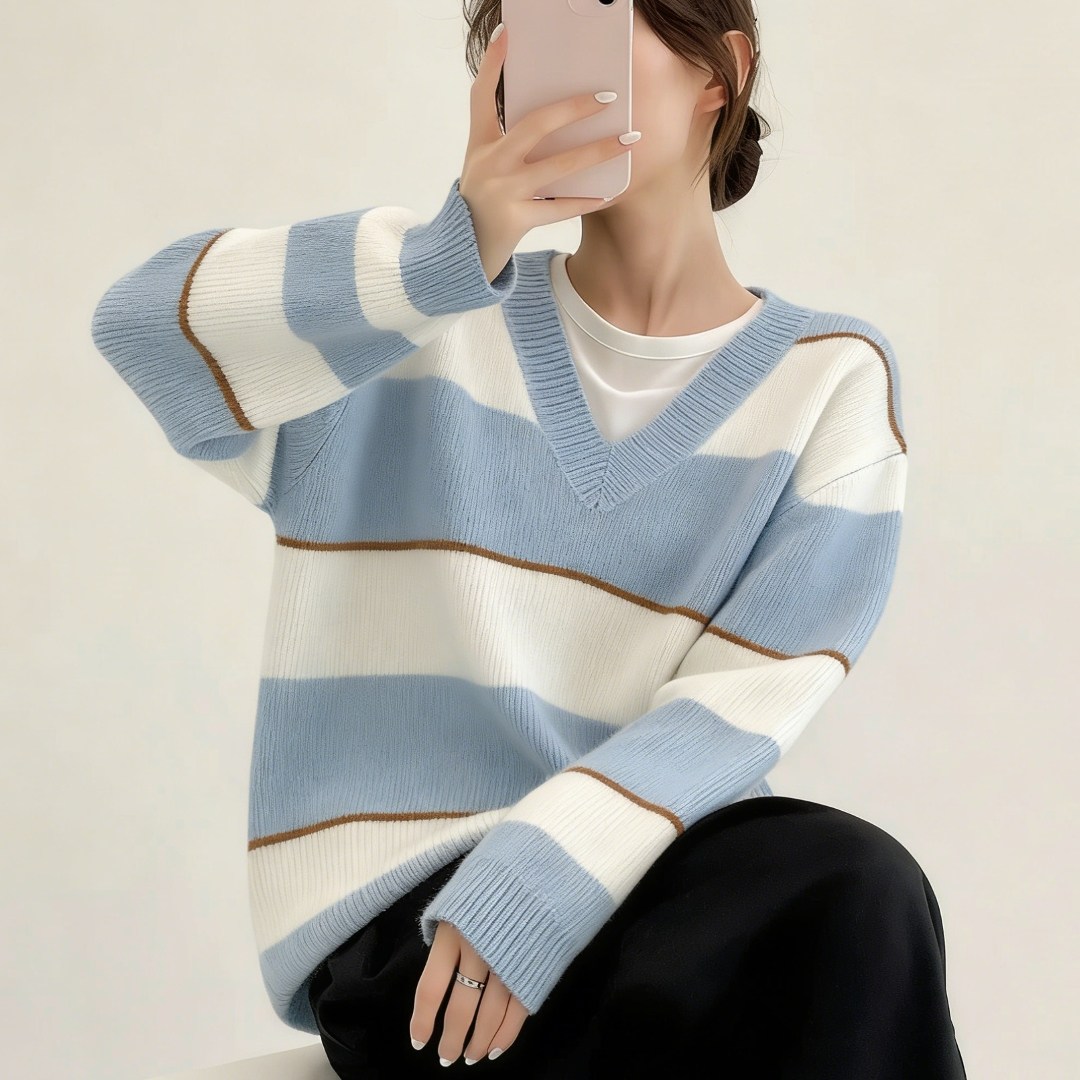 2026春日氛围感条纹撞色V领针织衫设计感慵懒风宽松显瘦显白上衣,女装/女士精品,大码内搭,淘宝优惠券,粉丝福利购,淘宝优惠卷