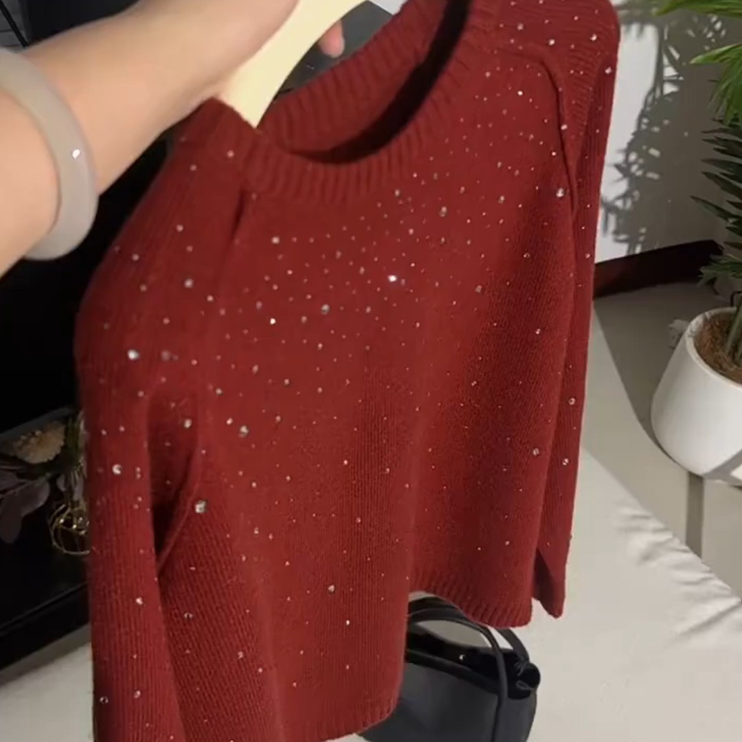 慵懒风高级感高端独特漂亮烫钻针织上衣简约休闲红色打底衫女秋冬,女装/女士精品,大码内搭,淘宝优惠券,粉丝福利购,淘宝优惠卷