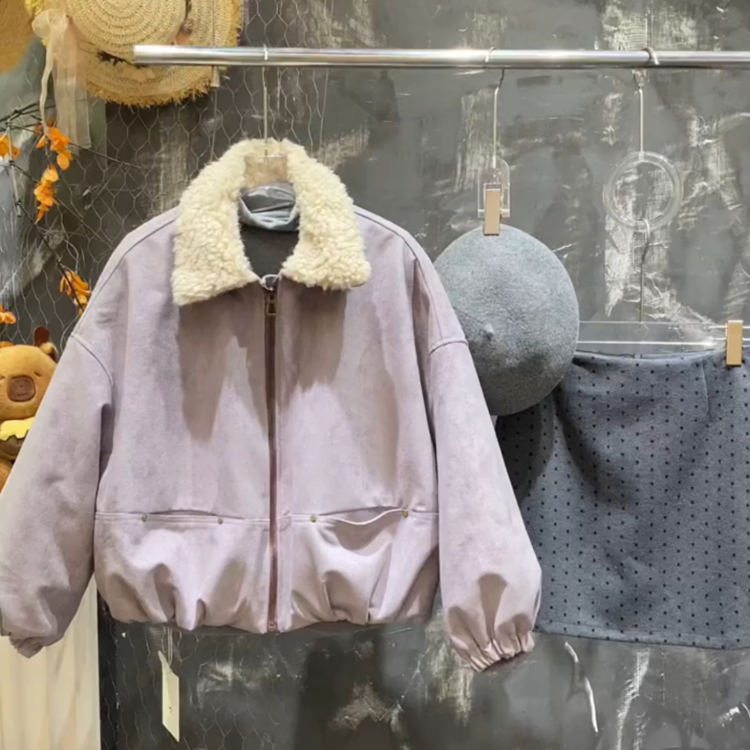 复古紫色小个子宽松毛领夹克外套