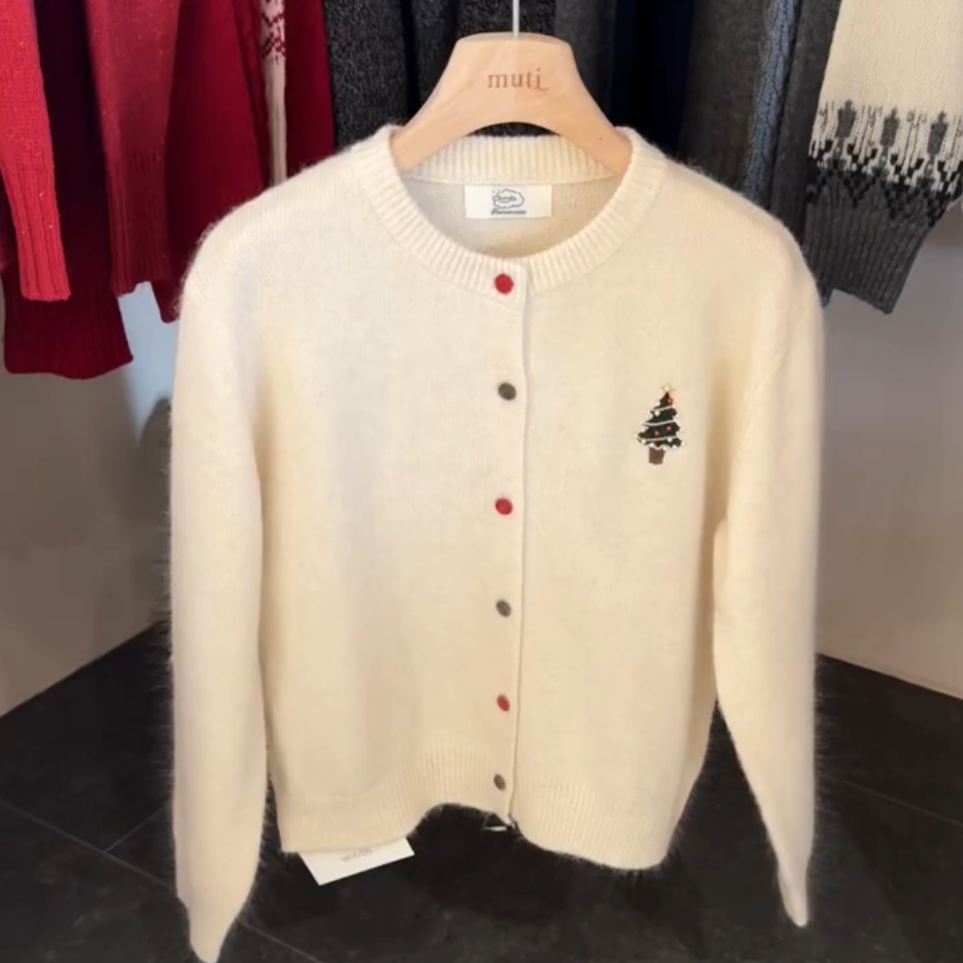 圆领单排扣圣诞树刺绣针织开衫女