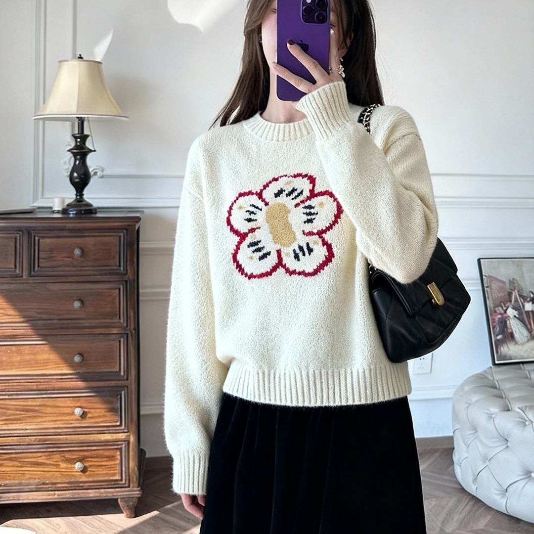 2025新款花朵刺绣宽松针织衫秋冬