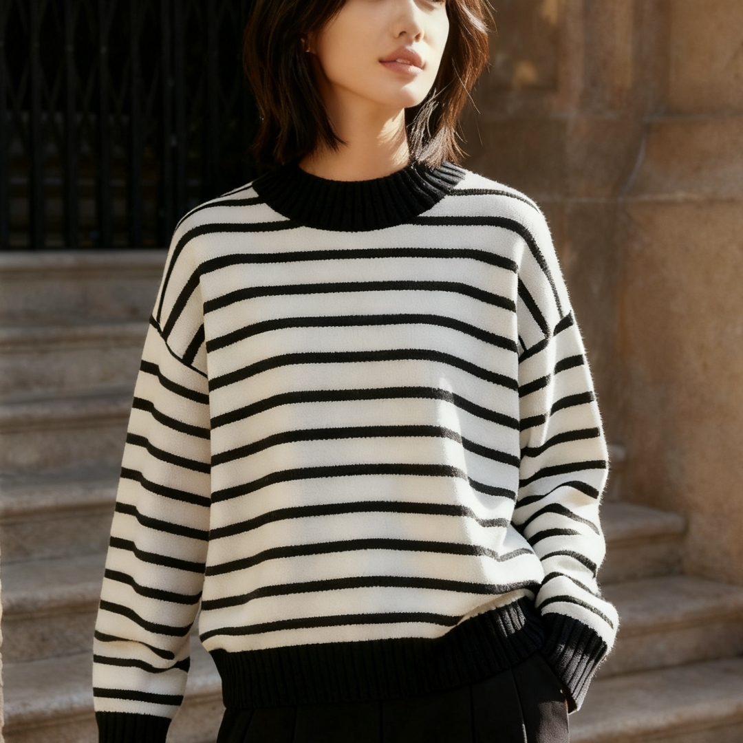 冬季新款简约条纹撞色针织上衣女