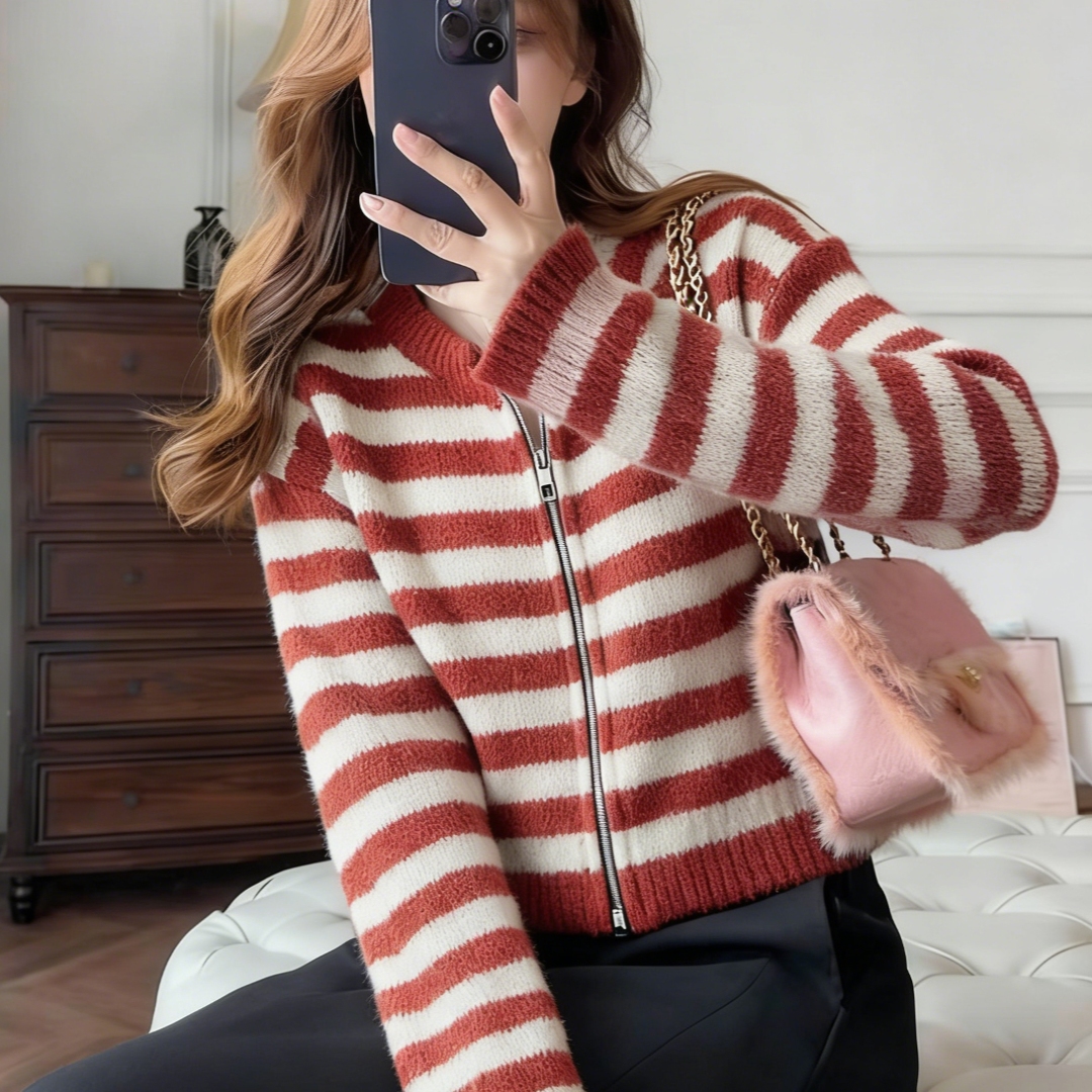 法式复古撞色条纹针织开衫女冬季