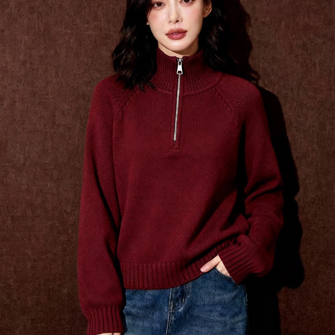 高级感红色半拉链宽松显瘦卫衣女